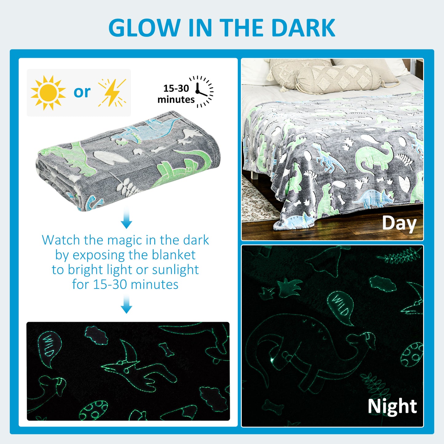 HOMCOM Glow in The Dark Flannel Fleece Throw Blanket, Fluffy Warm Throw Blanket, Kids Dinosaur Luminous Blanket, 203x153cm, Grey