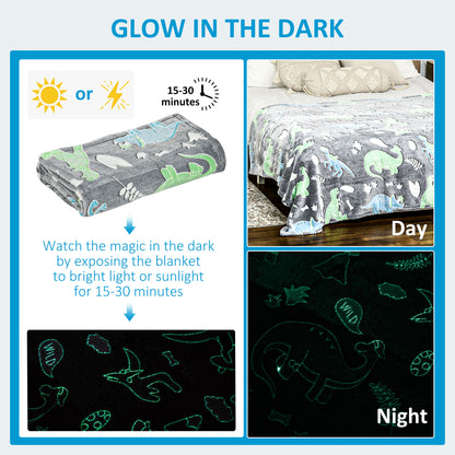 HOMCOM Glow in The Dark Flannel Fleece Throw Blanket, Fluffy Warm Throw Blanket, Kids Dinosaur Luminous Blanket, 203x153cm, Grey