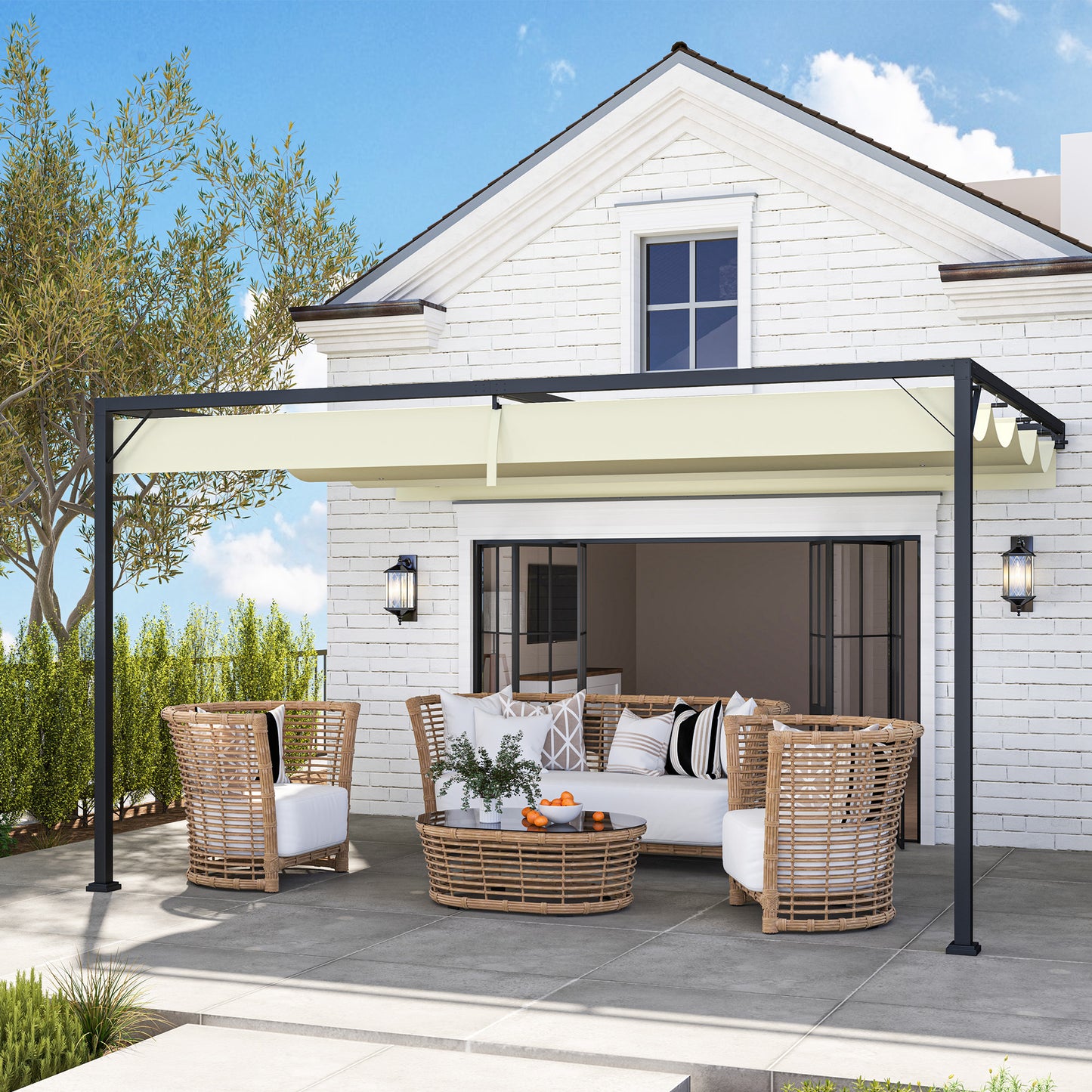 Outsunny 4 x 3(m) Outdoor Lean To Pergola Retractable Canopy Wall Mounted Gazebo Patio Shelter Sun Shade, Cream White