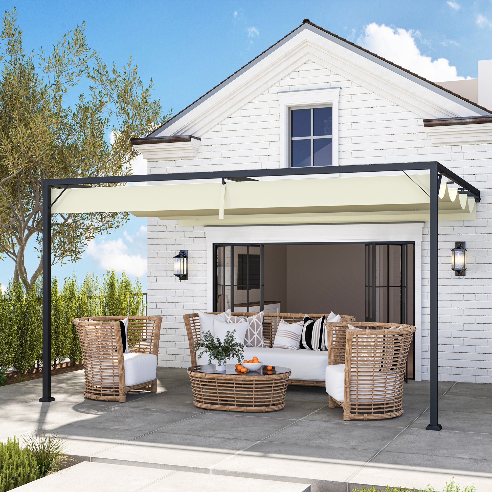Outsunny 4 x 3(m) Outdoor Lean To Pergola Retractable Canopy Wall Mounted Gazebo Patio Shelter Sun Shade, Cream White