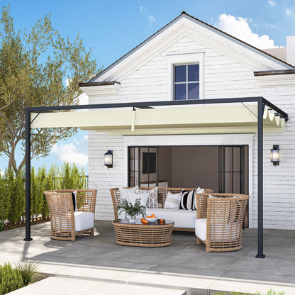 Outsunny 4 x 3(m) Outdoor Lean To Pergola Retractable Canopy Wall Mounted Gazebo Patio Shelter Sun Shade, Cream White