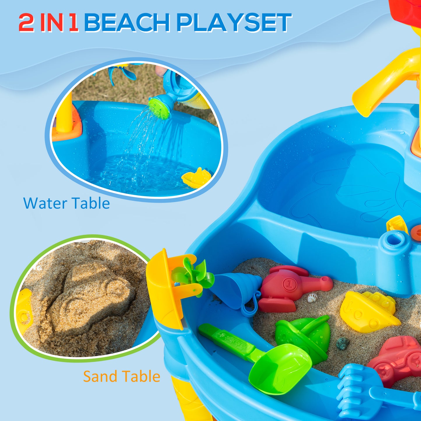 HOMCOM 2 in 1 Sand and Water Table w/ Accessories, Adjustable Parasol - Multicoloured