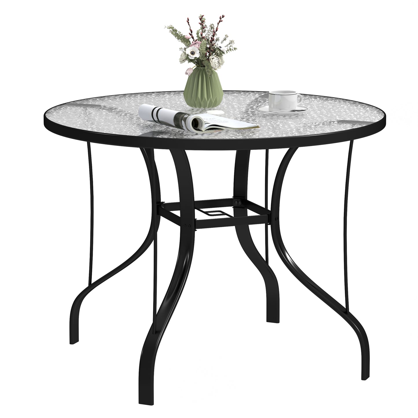 Outsunny Tempered Glass Top Round Outdoor Dining Table with Parasol Hole, 96.5 x 96.5 x 71 cm