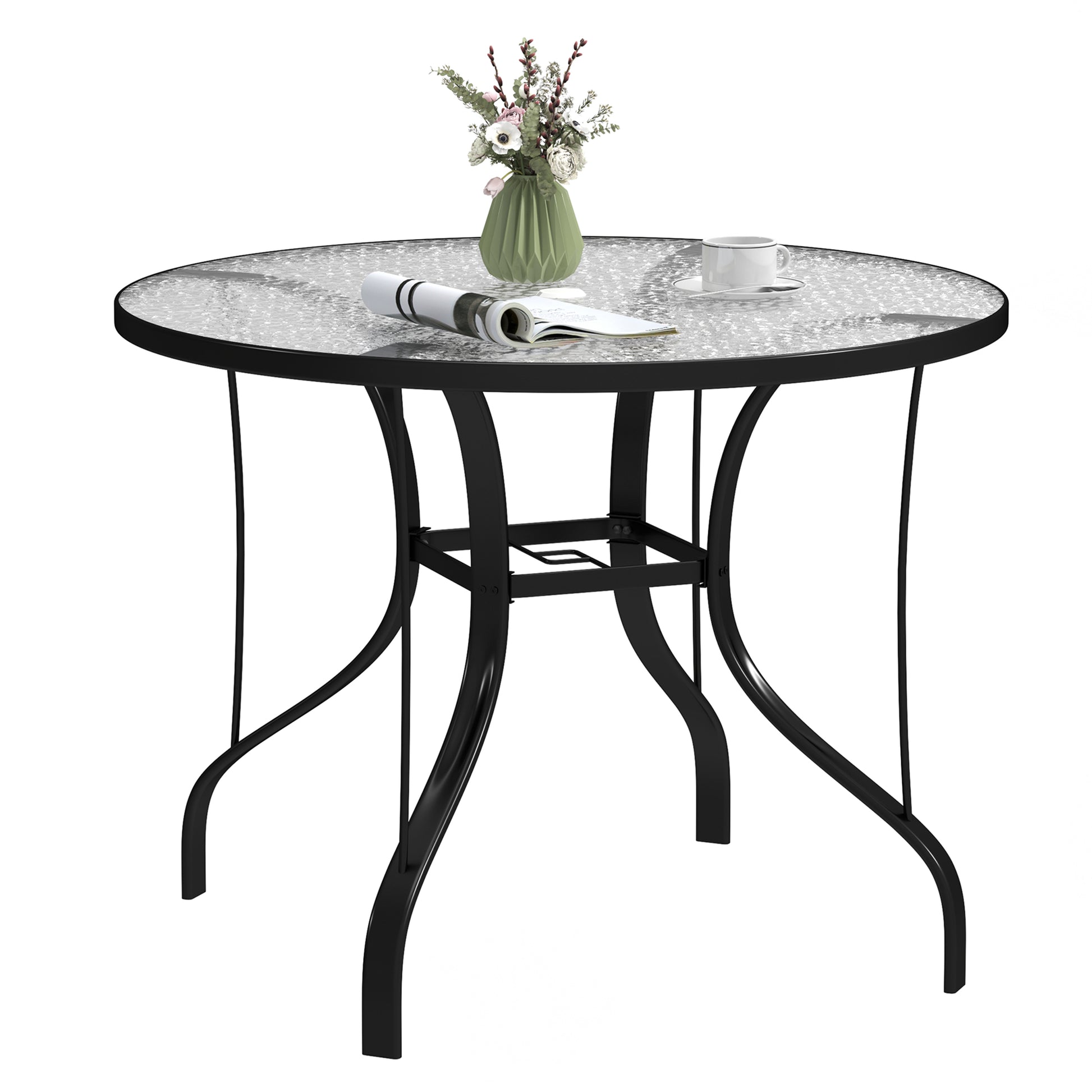 Outsunny Tempered Glass Top Round Outdoor Dining Table with Parasol Hole, 96.5 x 96.5 x 71 cm