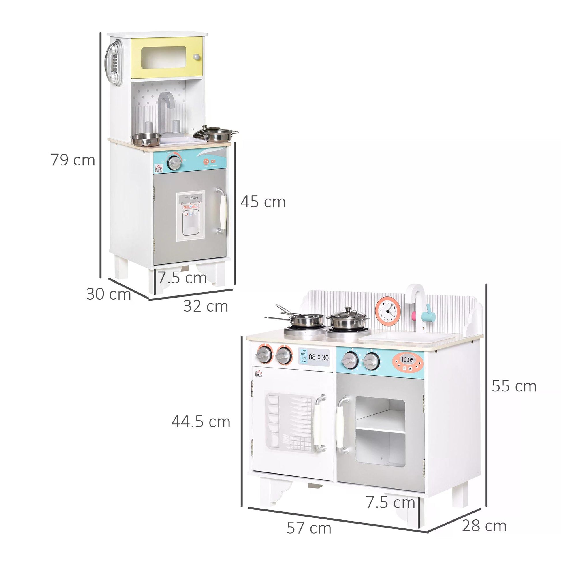 HOMCOM Two Kids Wooden Toy Kitchen Play Cooking Set Pretend Role Playset, with  Sink, Telephone, Storage Basket, for 3-6 Years Old
