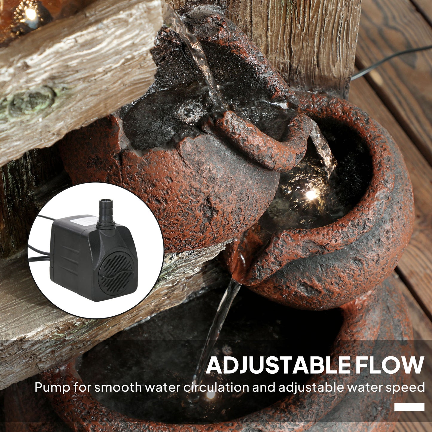 Outsunny 2-in-1 Waterfall Fountain with Birdhouse, Resin Garden Water Fountain with LED Lights Pump, Cascading Garden Water Feature with Tree Trunk Design, Multi-colour