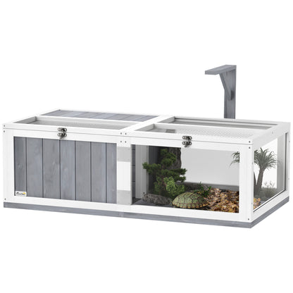 PawHut Wooden Tortoise House with Lamp Holder, Clear Windows, Openable Tops, Built-In Tray, Light Grey