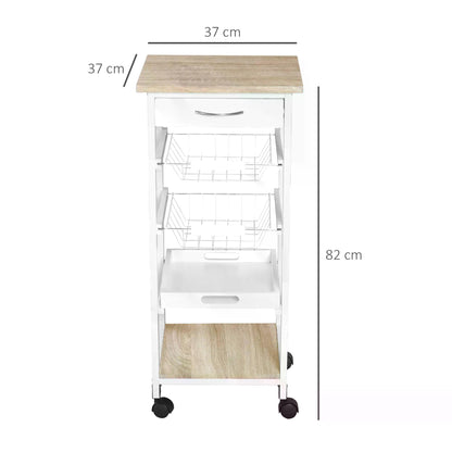 HOMCOM Mobile Rolling Kitchen Island Trolley for Living room, Serving Cart with Drawer & Basket, White