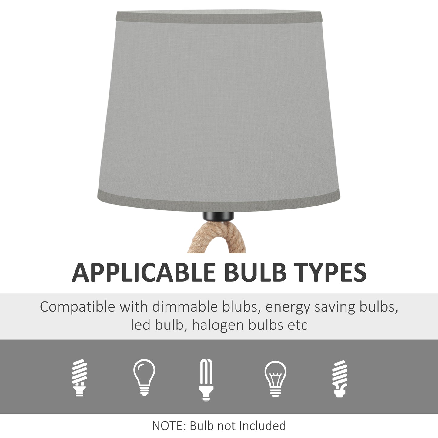 HOMCOM Farmhouse Table Lamp with Rope Base for E27 LED Halogen Bulb, Desk Fabric Light, Bedroom, Living room, Study