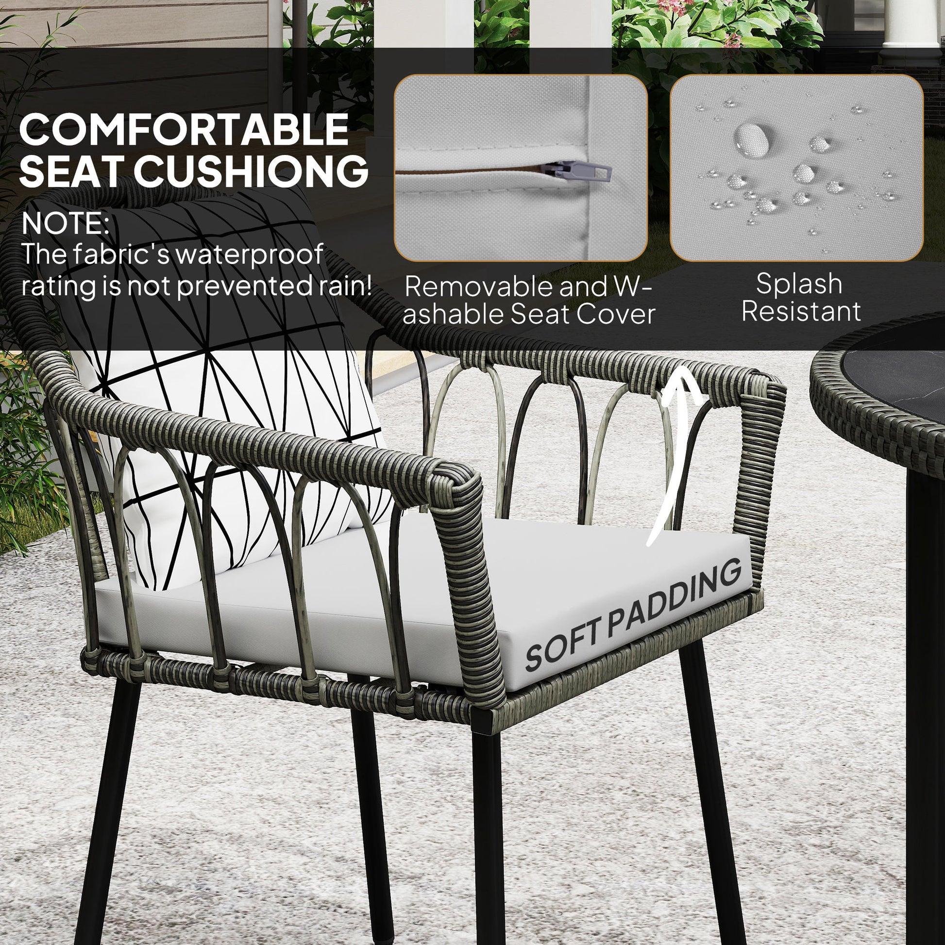 Outsunny 5 Piece Patio Rattan Dining Set, Wicker Garden Table and Chairs w/ Removable Seat & Back Cushions, Round Tempered Glass Tabletop, Parasol Hole, Outdoor Furniture Conservatory Set, Grey