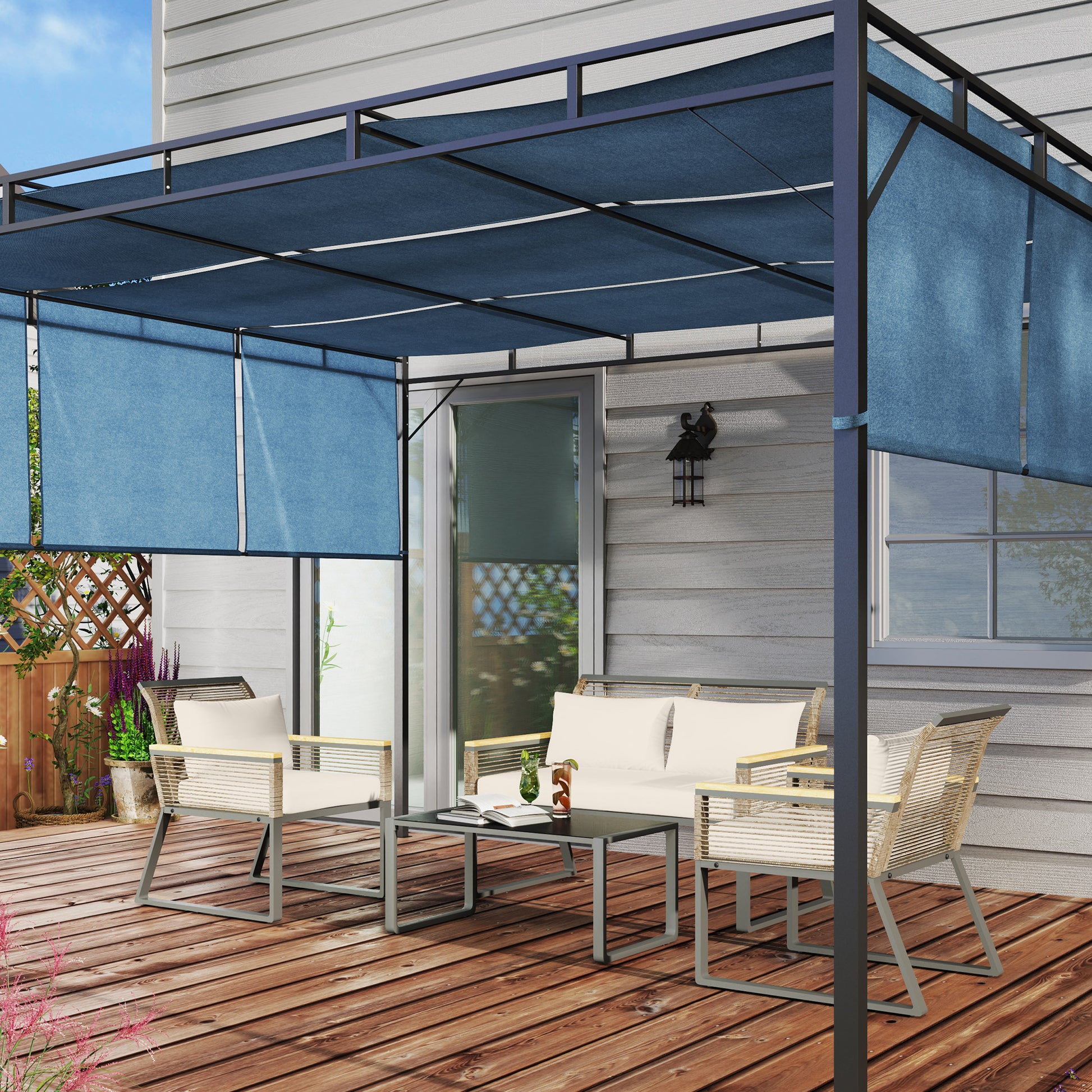 Outsunny Four Piece Wicker Rope Garden Furniture Set with Glass Top Coffee Table - Grey