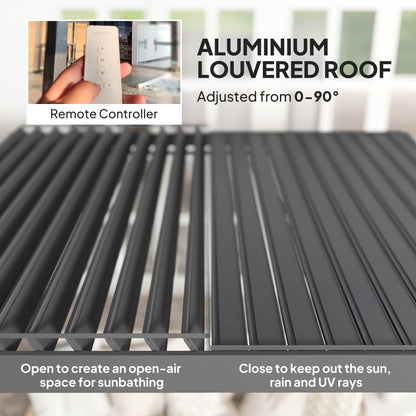 Outsunny 3 x 3(m) Electric Louvered Pergola with LED Lights, Aluminium Pergola Hardtop Gazebo with Remote, Adjustable Roof and Drainage System, Water and UV Proof