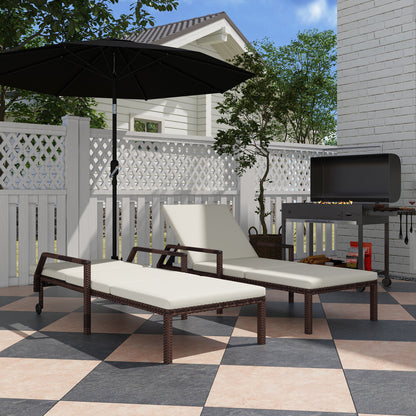 Outsunny Outdoor PE Rattan Sun Lounger Set of 2, Wicker Chaise Recliner Garden Chair with 5-Level Adjustable Backrest and 2 Wheels, Cream White