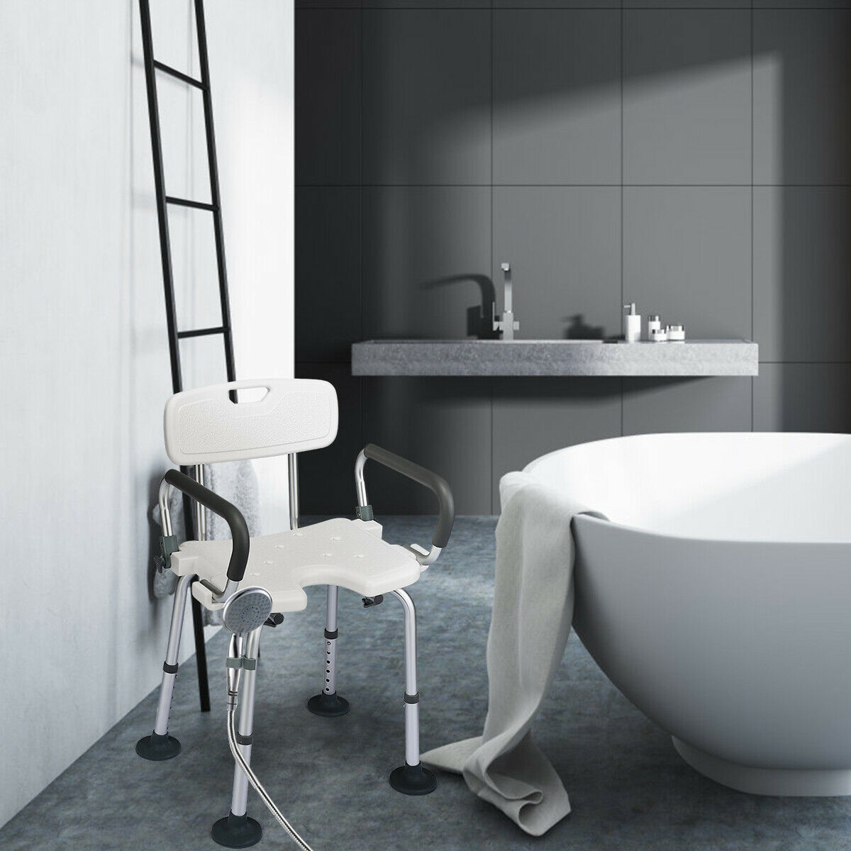 Shower Stool with Removable Arm and Back Rests-White – GardenArch