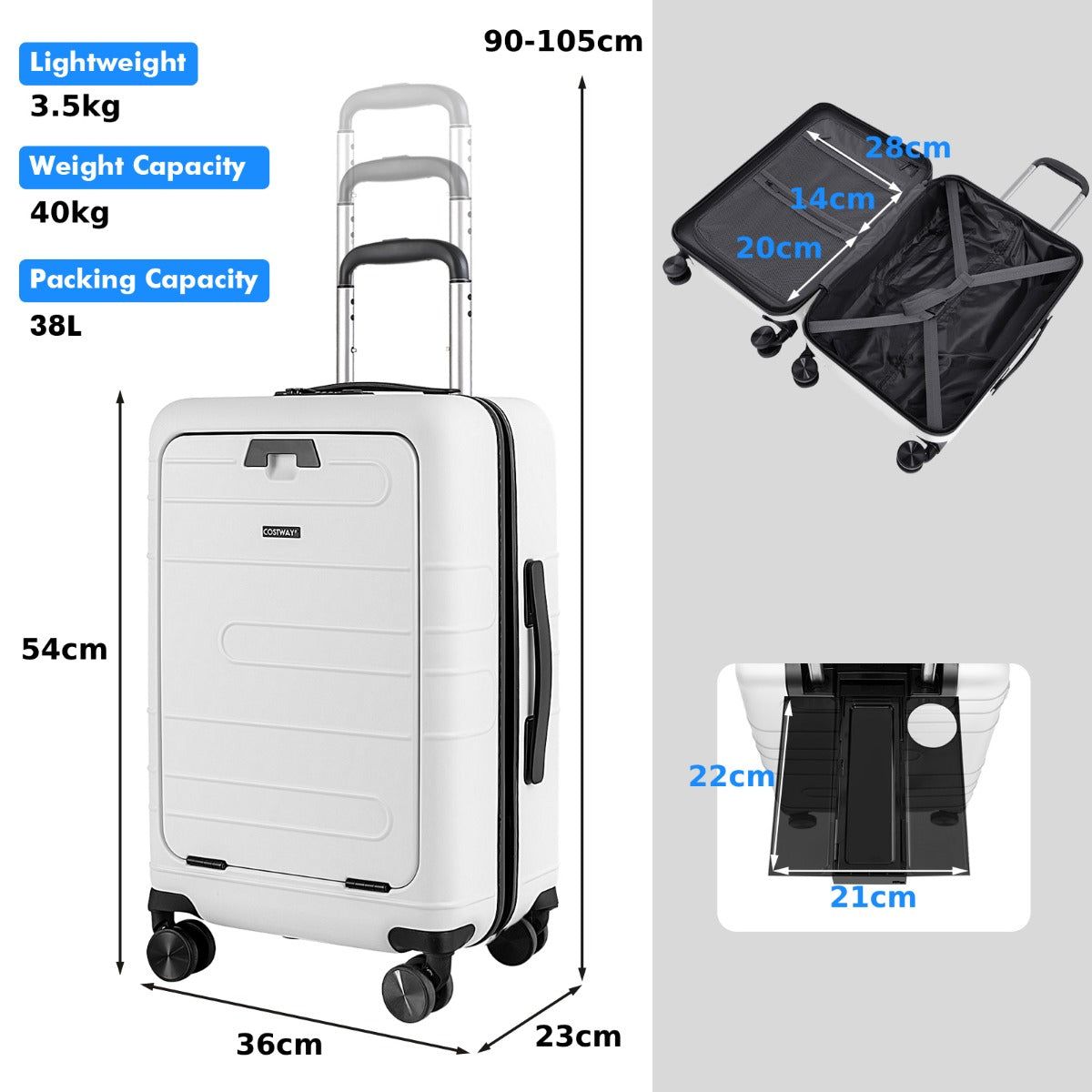 Carry On Luggage with 4-Level Telescoping Aluminum Pull Rod-White