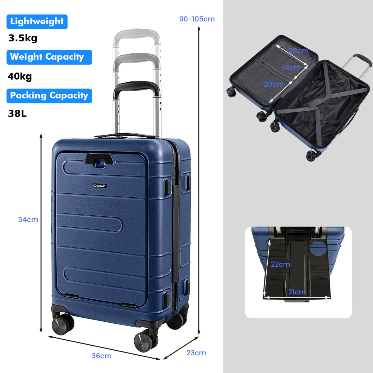 Carry On Luggage with 4-Level Telescoping Aluminum Pull Rod-Navy