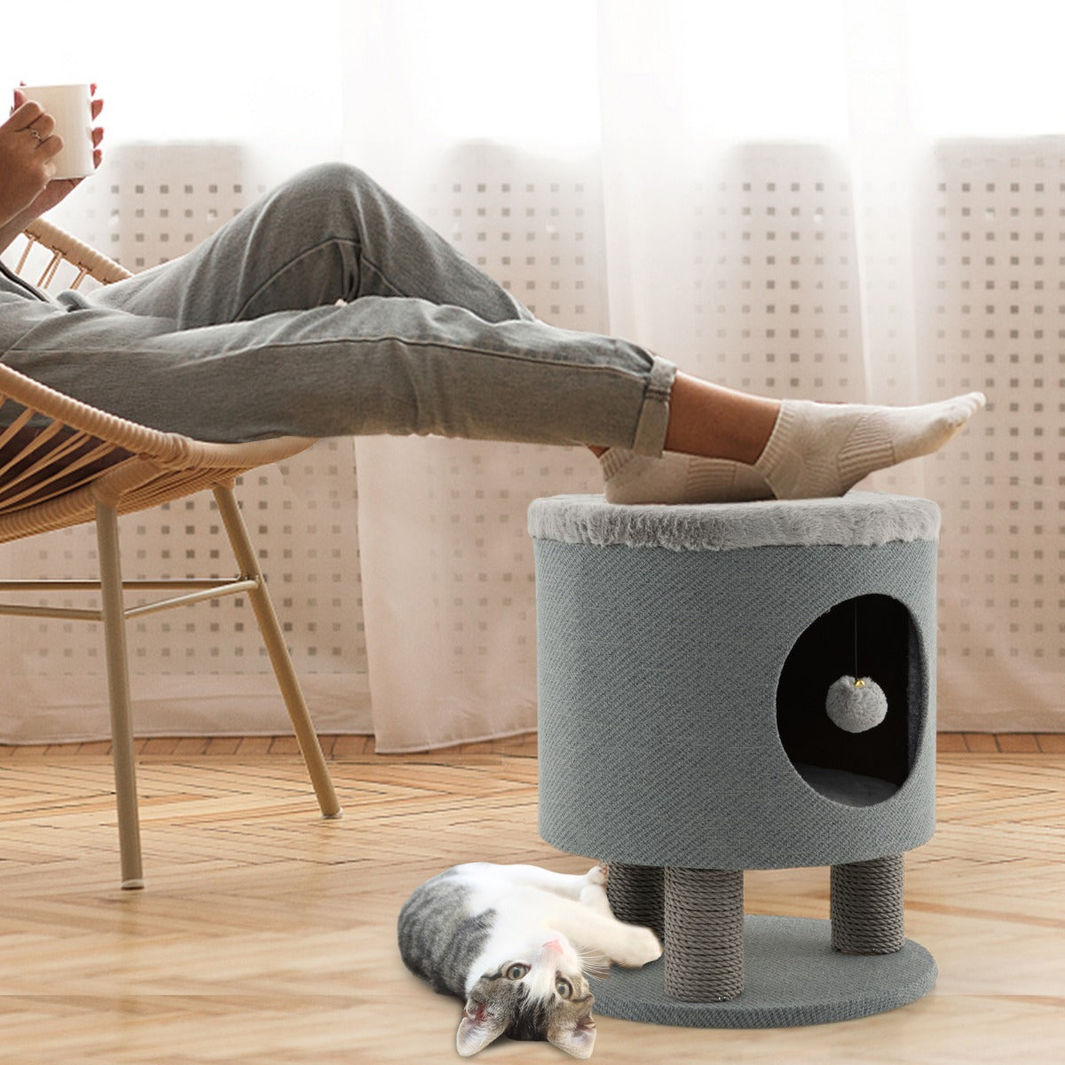 Cat Condo Stool for Indoor Cats with Scratching Posts and Plush Ball Toy-Grey