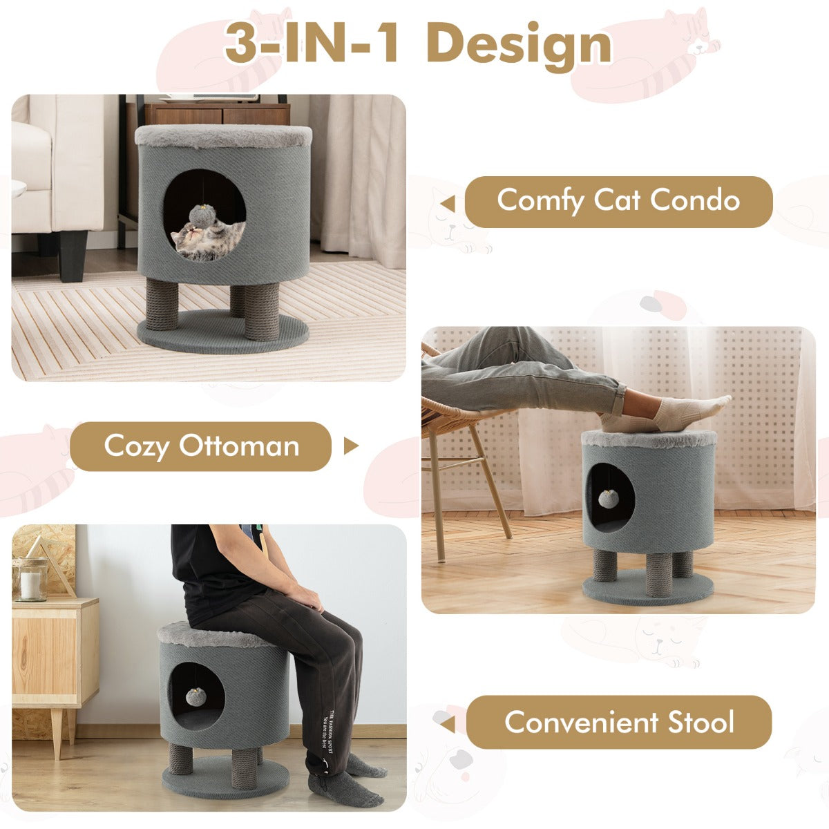 Cat Condo Stool for Indoor Cats with Scratching Posts and Plush Ball Toy-Grey