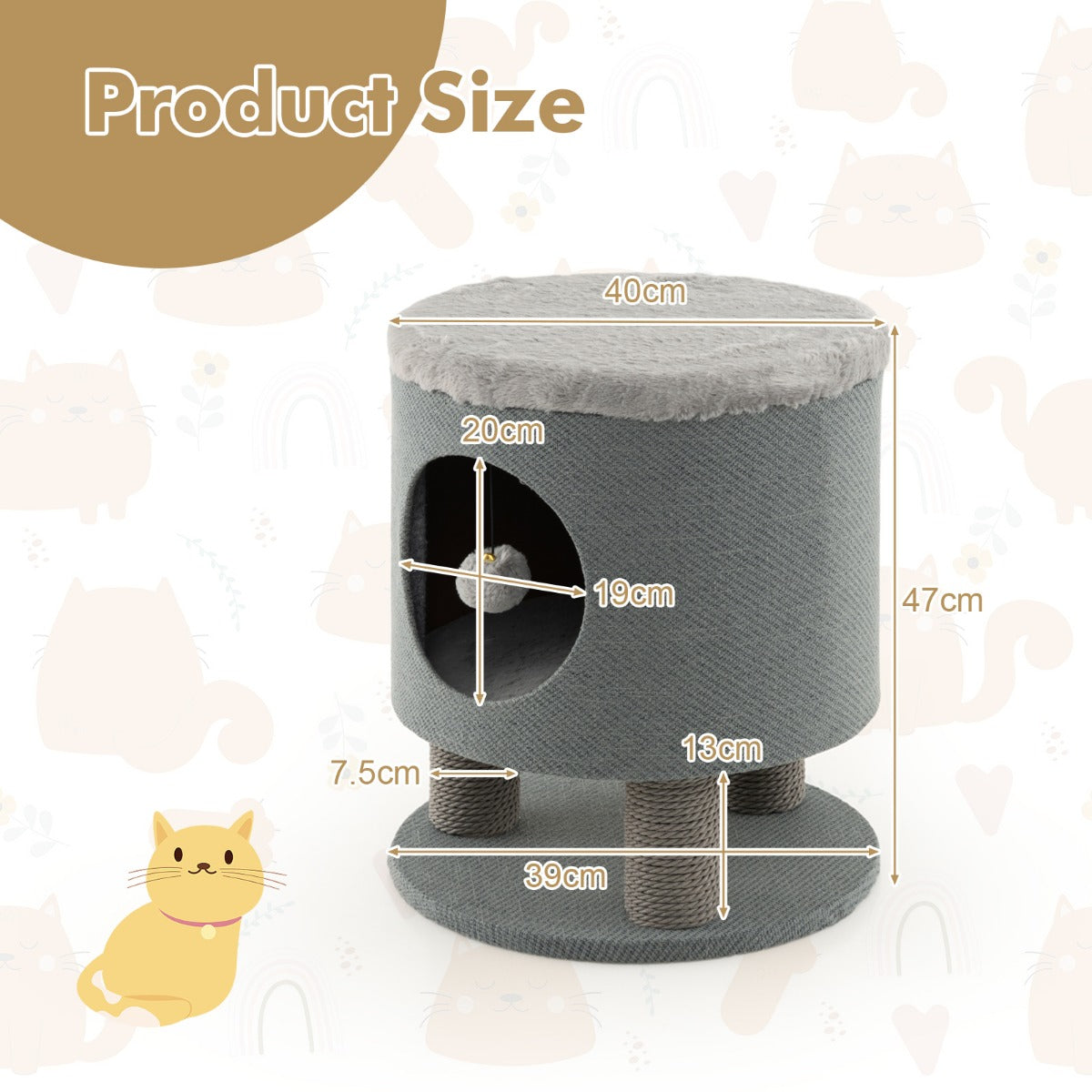 Cat Condo Stool for Indoor Cats with Scratching Posts and Plush Ball Toy-Grey