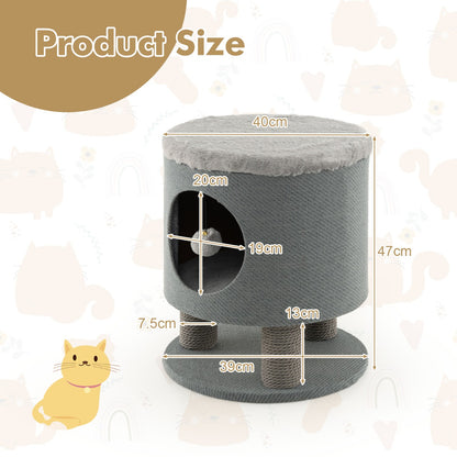 Cat Condo Stool for Indoor Cats with Scratching Posts and Plush Ball Toy-Grey