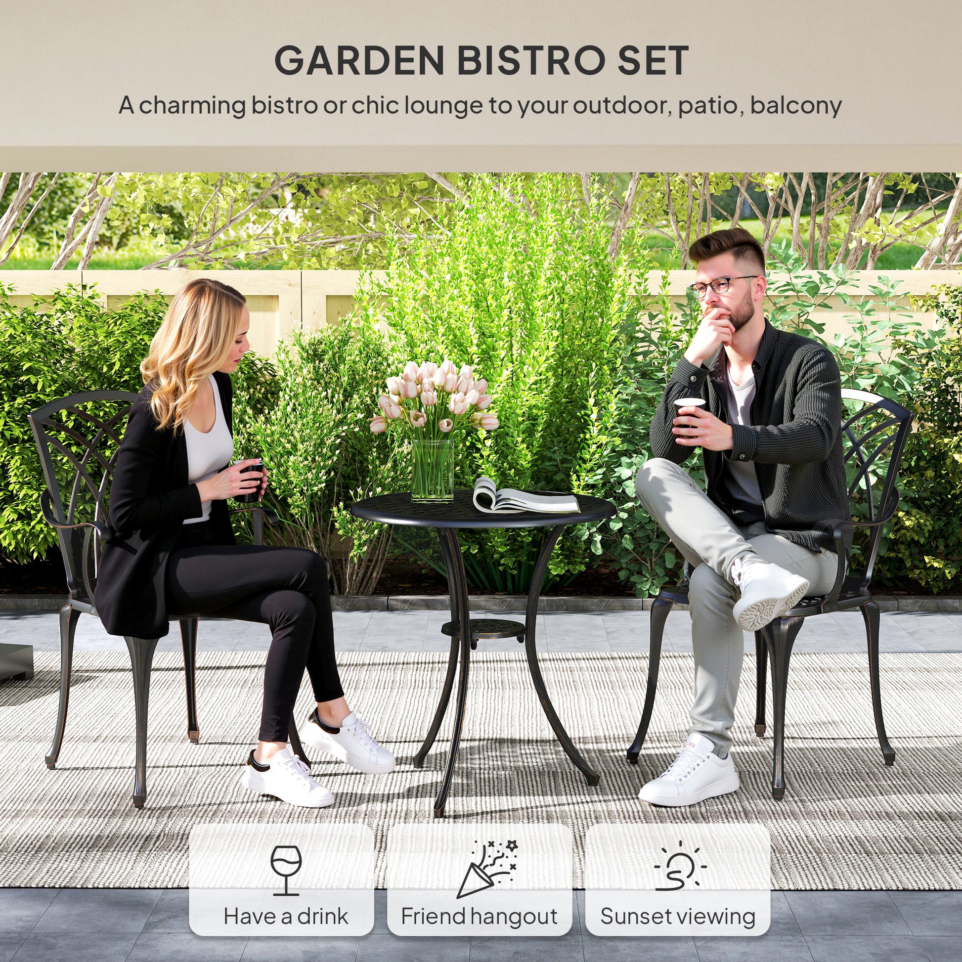 Outsunny 3 Pieces Garden Dining Set for 2, Cast Aluminium Outdoor Dining Set with 2 Armchairs and Round Dining Table with Parasol Hole, Garden Furniture Set, Bronze Tone