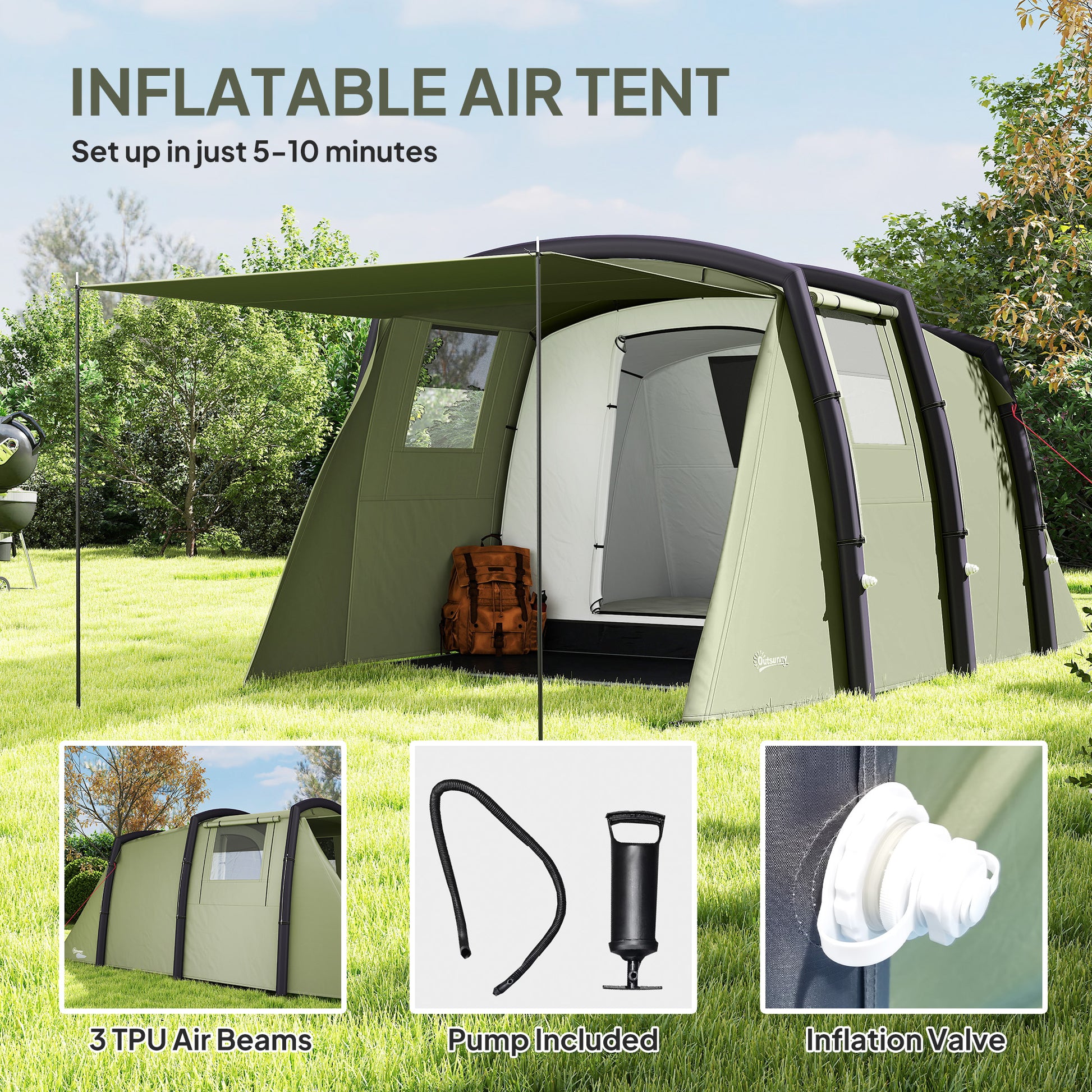 Outsunny Inflatable 3-4 Man Tunnel Tent w/ Air Pump, Living Area & Vestibule, Waterproof Family Camping Air Tent w/ Sewn In Groundsheet & Removable Footprint for Camping, Hiking, Olive Green