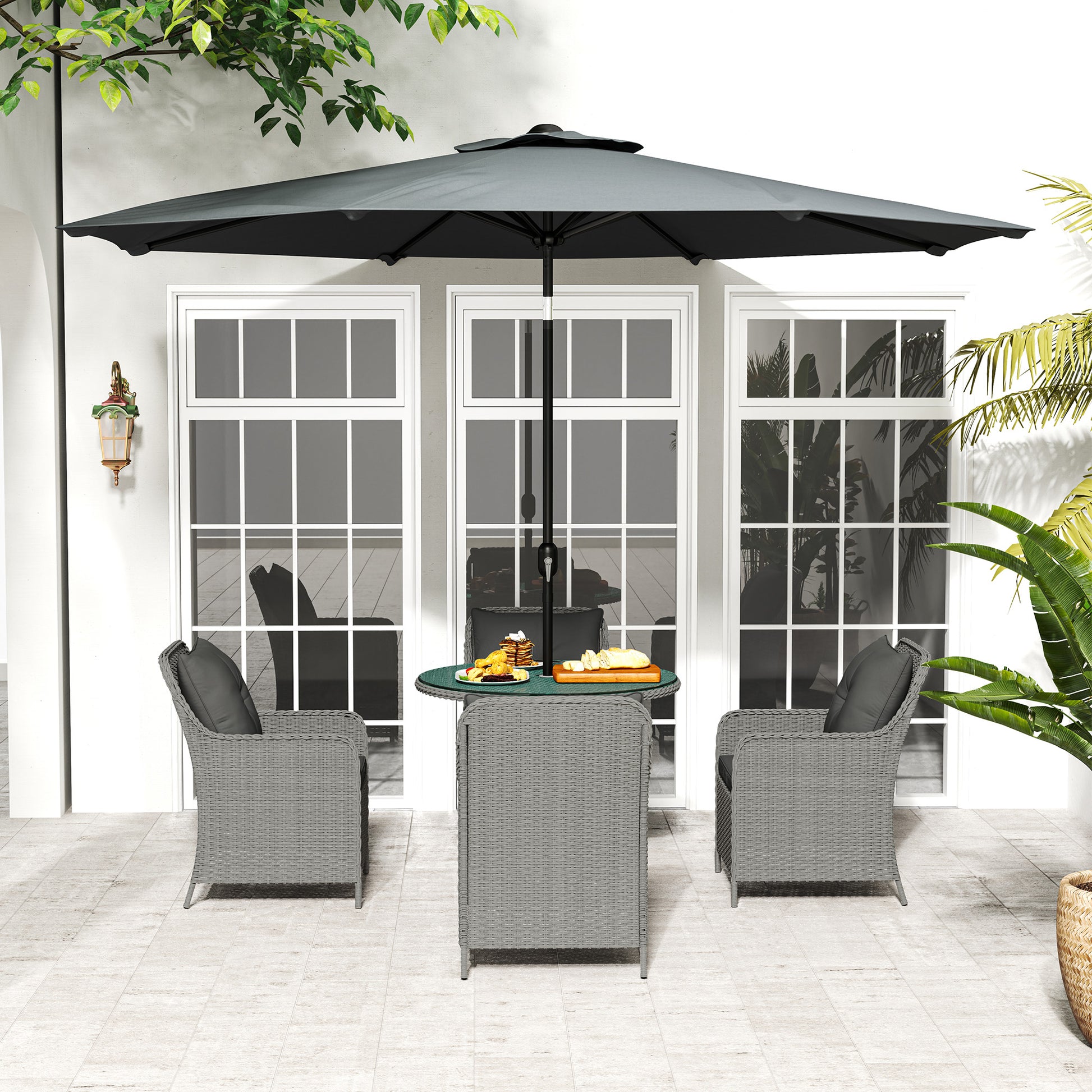Outsunny 4 Seater Rattan Dining Set with Parasol & Cushions - Light Grey