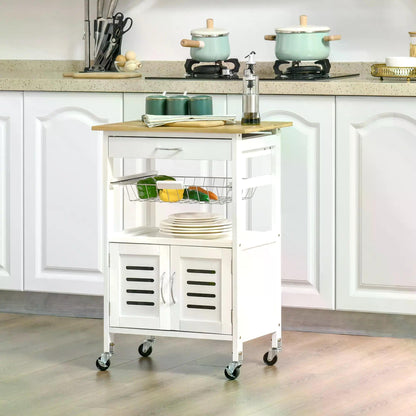 HOMCOM Rolling Kitchen Island Trolley Utility Cart on Wheels with Bamboo Table Top, Storage Cabinet, Drawer and Wire Basket - White