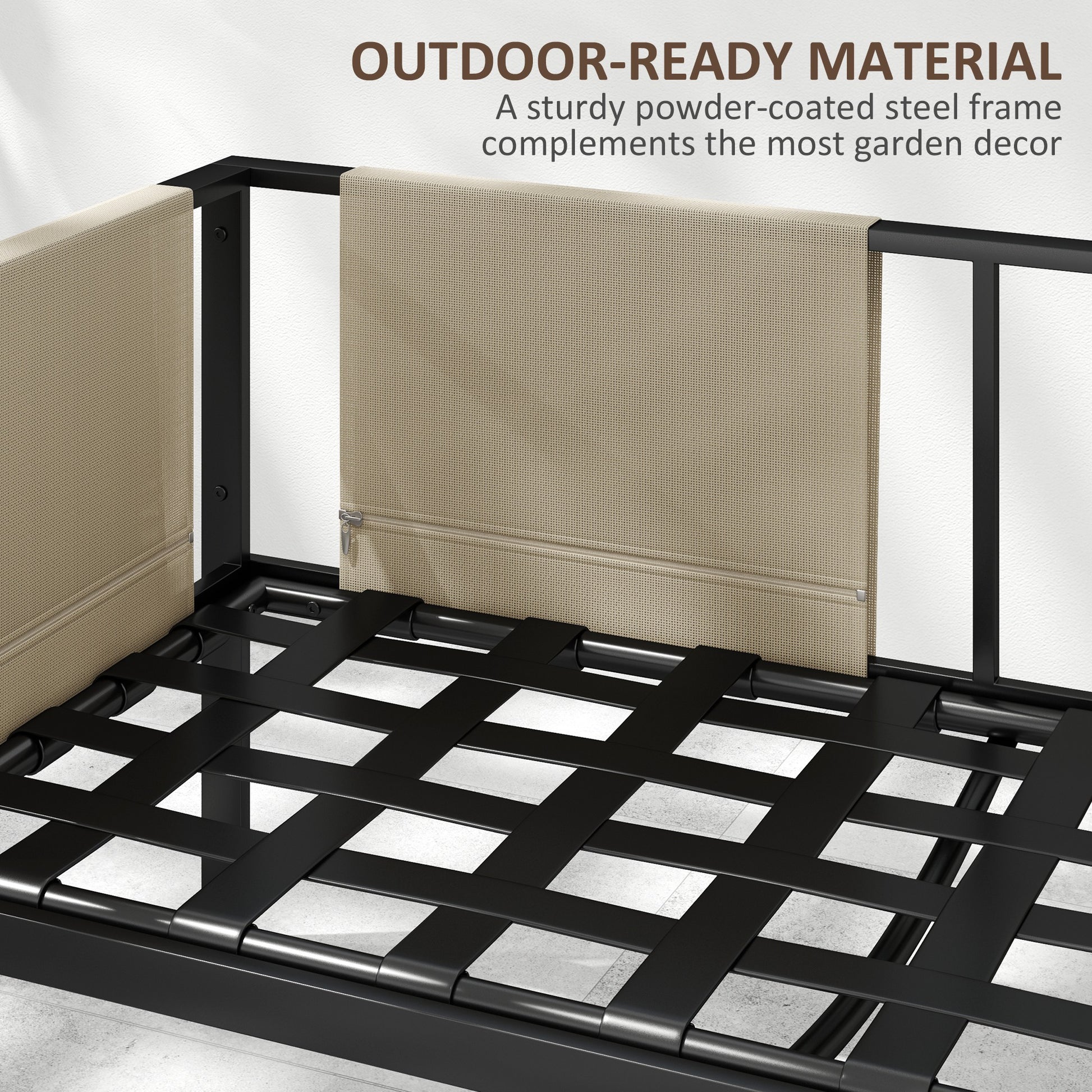 Outsunny 4 Piece Metal Garden Furniture Set with Tempered Glass Coffee Table, Texteline Pocket, Outdoor Set Loveseat Single Armchairs with Padded Cushions, Khaki