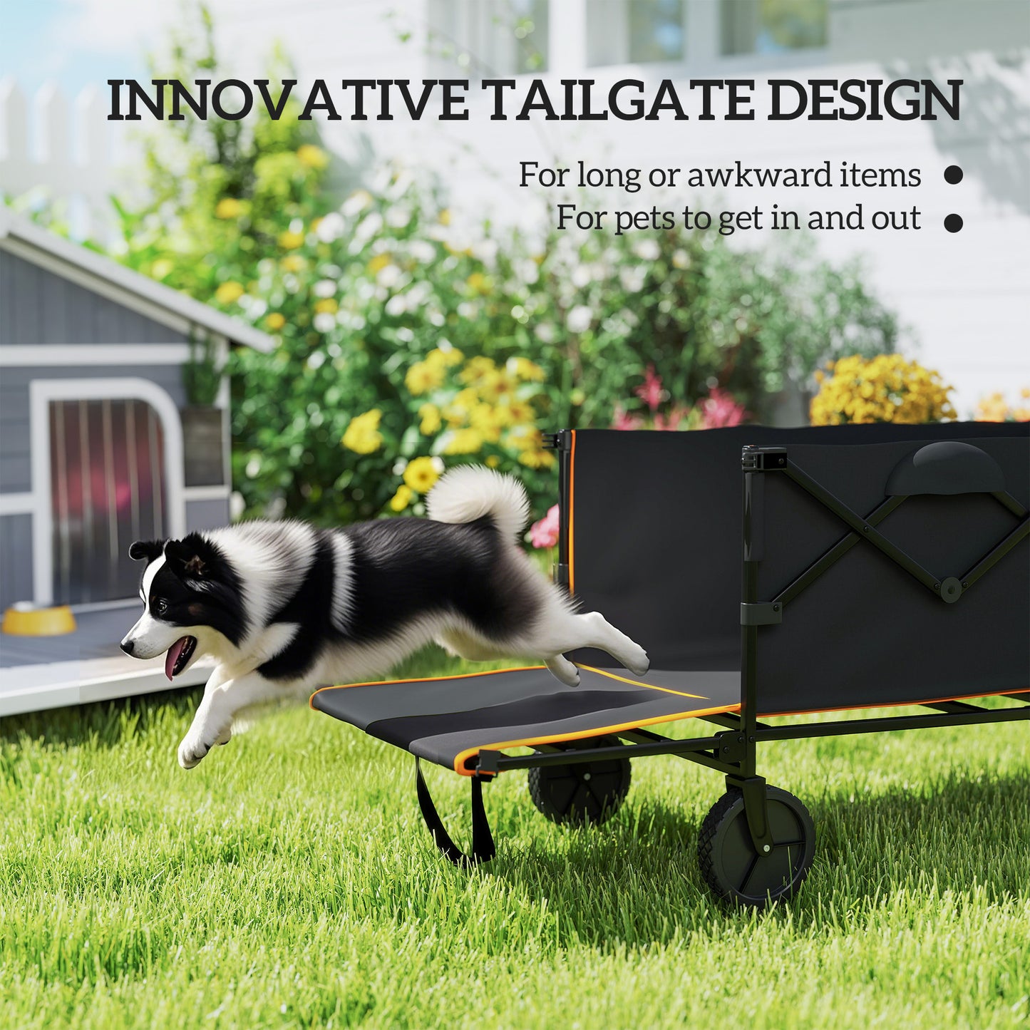 Outsunny 160L Festival Trolley on Wheels, Folding Camping Trolley Cart w/ Tailgate, 100kg Heavy Duty Garden Collapsible Folding Wagon w/Adjustable Handle, Carry Bag for Beach Picnic, Black and Orange