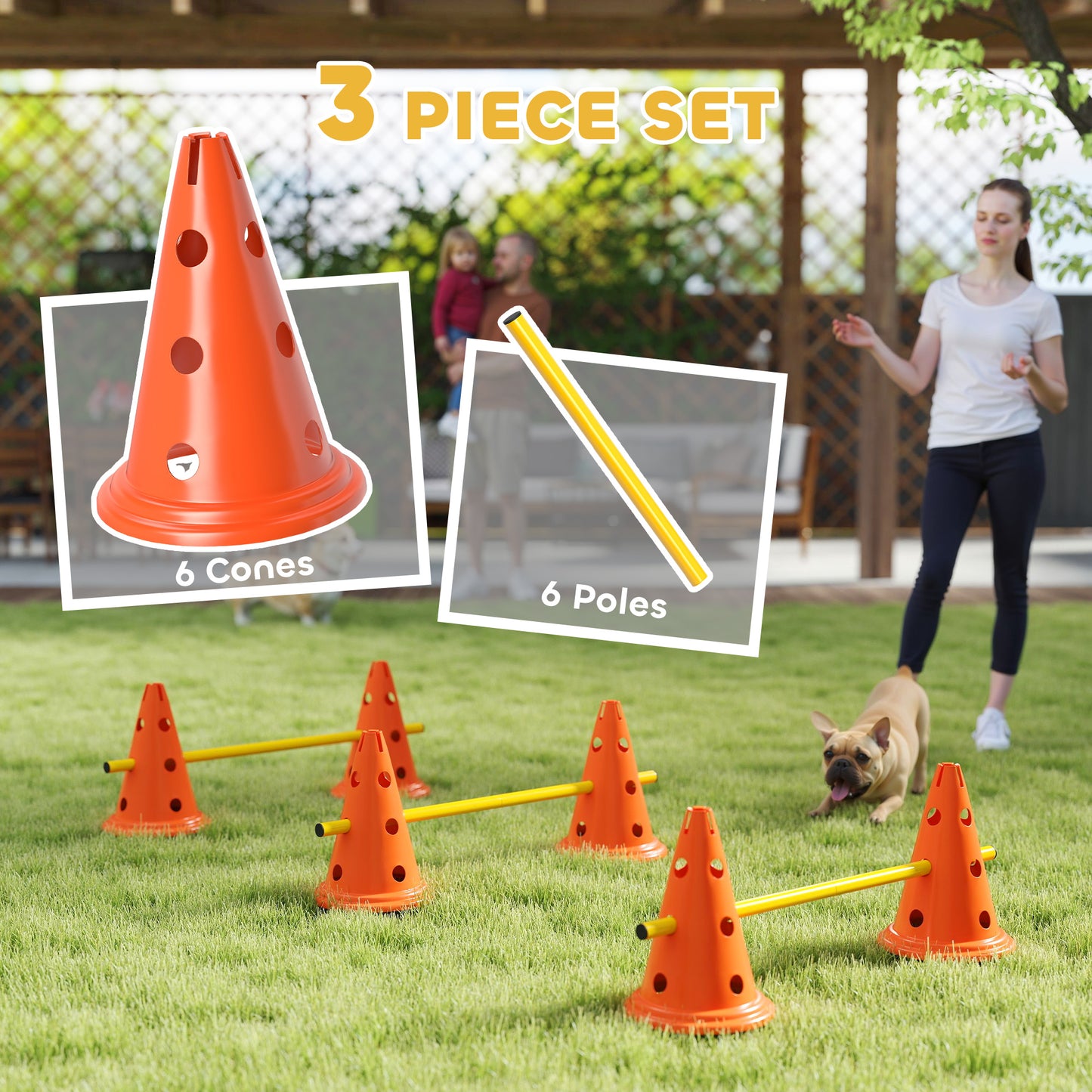 PawHut Dog Agility Equipment Set of Six Cones, Six Poles with Carry Bag, Three-Piece Adjustable Height Jumping Obstacles, Orang