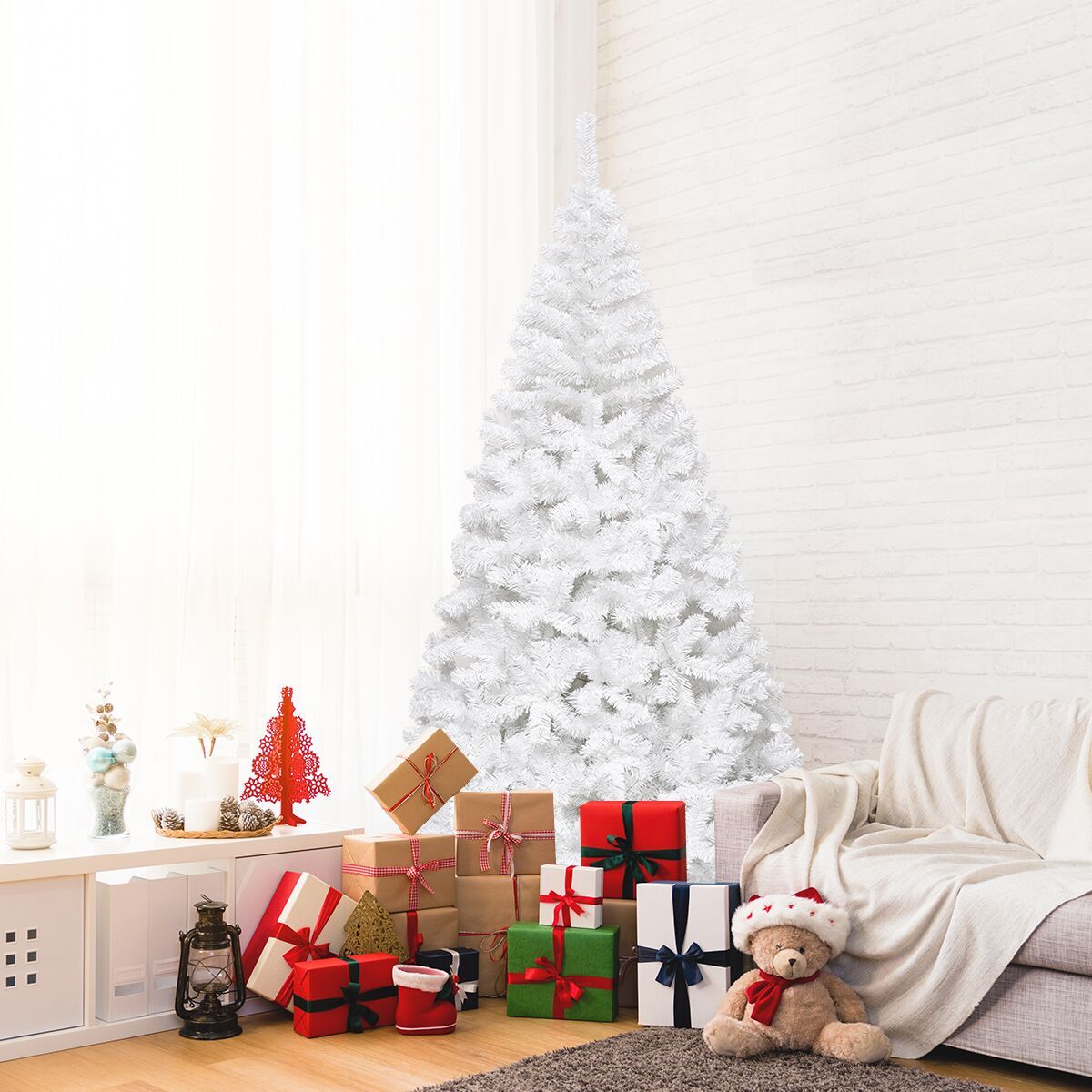 5/6/7/8 Feet White Artificial Christmas Tree with Metal Stand-7 ft