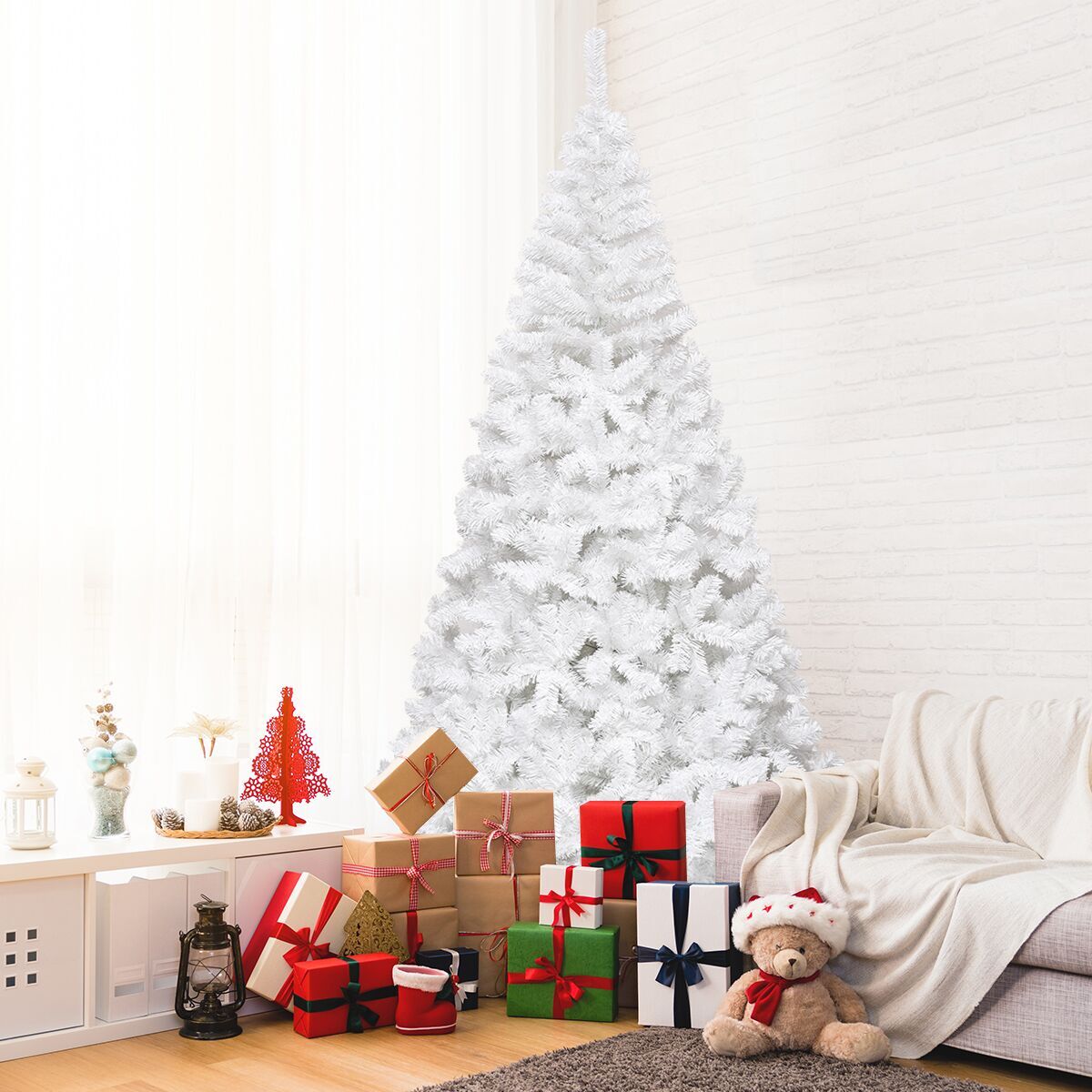 5/6/7/8 Feet White Artificial Christmas Tree with Metal Stand-8 ft