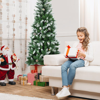 Snow-Flocked Pencil Hinged Artificial Christmas Tree with Pine Cones-6FT