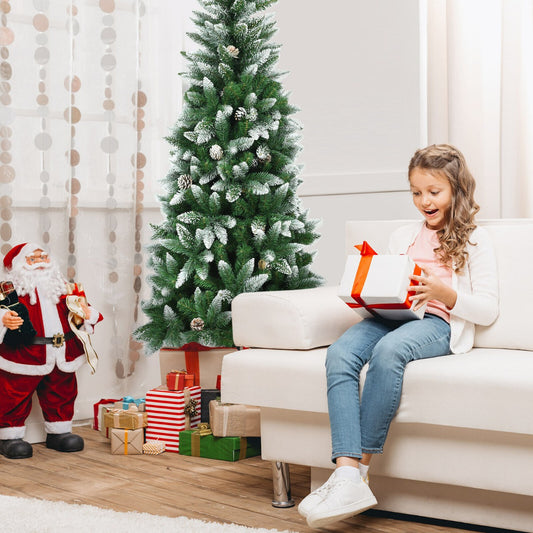 Snow-Flocked Pencil Hinged Artificial Christmas Tree with Pine Cones-6FT