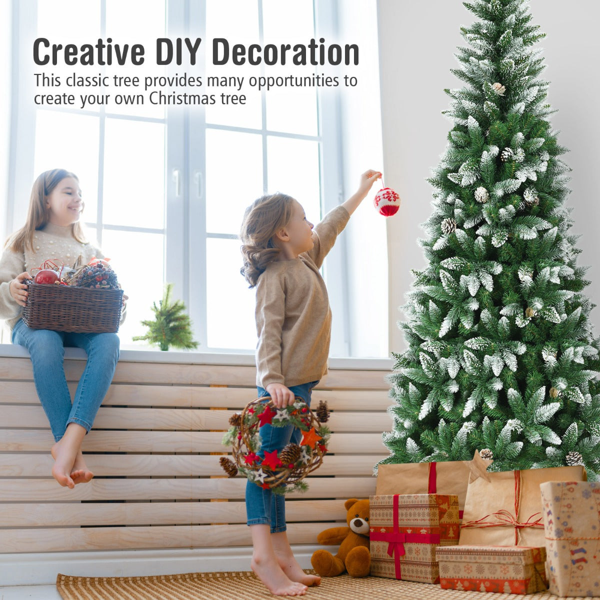 Snow-Flocked Pencil Hinged Artificial Christmas Tree with Pine Cones-7.5 FT