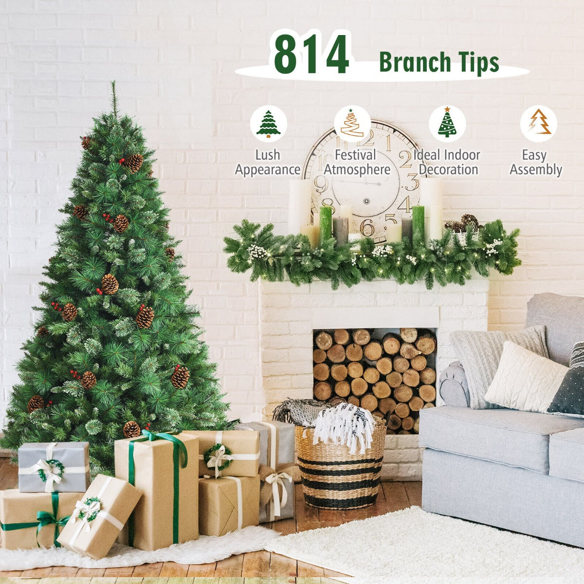 6 Feet Artificial Christmas Tree with Red Berries and Pine Cones