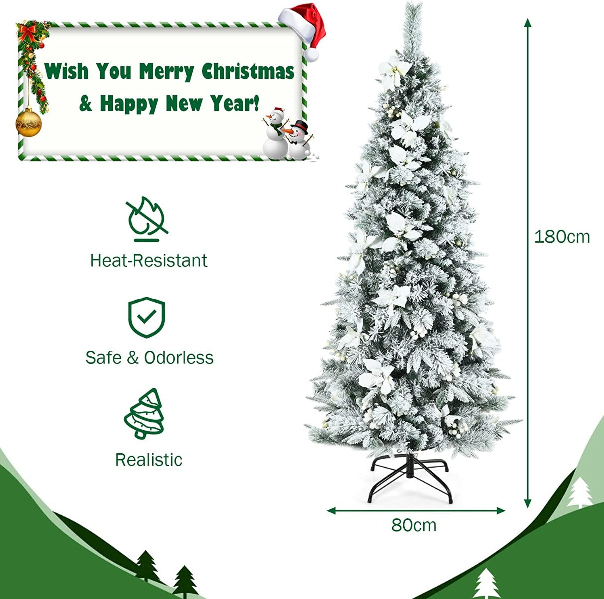 Artificial Snow Flocked Hinged Christmas Tree with Berries and Flowers-6FT