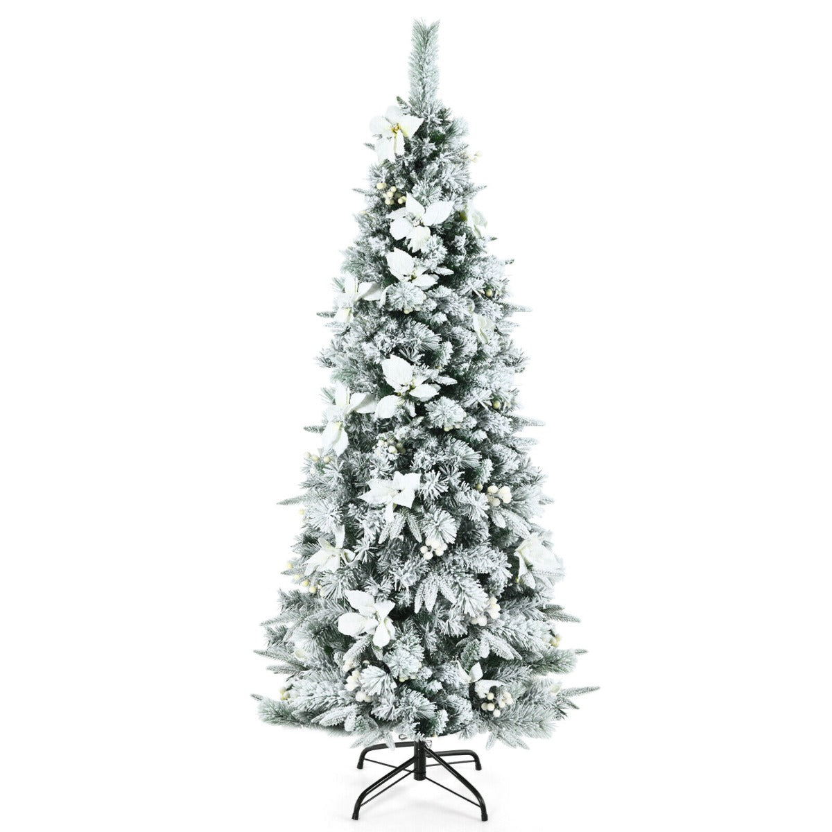 Artificial Snow Flocked Hinged Christmas Tree with Berries and Flowers-5FT