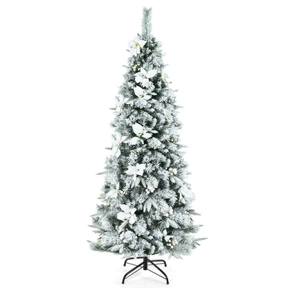 Artificial Snow Flocked Hinged Christmas Tree with Berries and Flowers-5FT