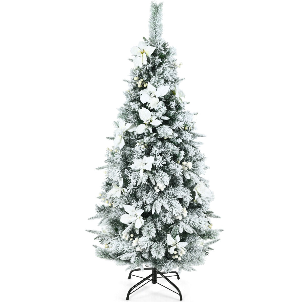 Artificial Snow Flocked Hinged Christmas Tree with Berries and Flowers-6FT
