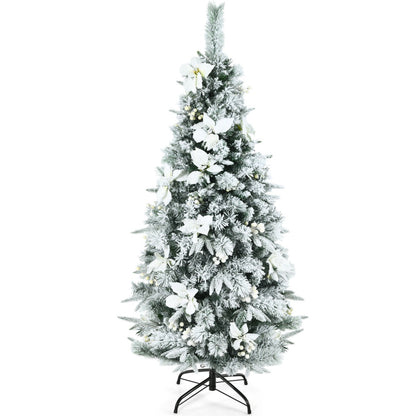 Artificial Snow Flocked Hinged Christmas Tree with Berries and Flowers-6FT