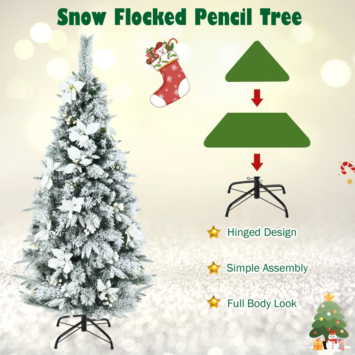 Artificial Snow Flocked Hinged Christmas Tree with Berries and Flowers-5FT