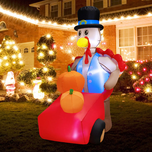 6 Feet Lighted Thanksgiving Inflatable Turkey Pushing Pumpkin Cart