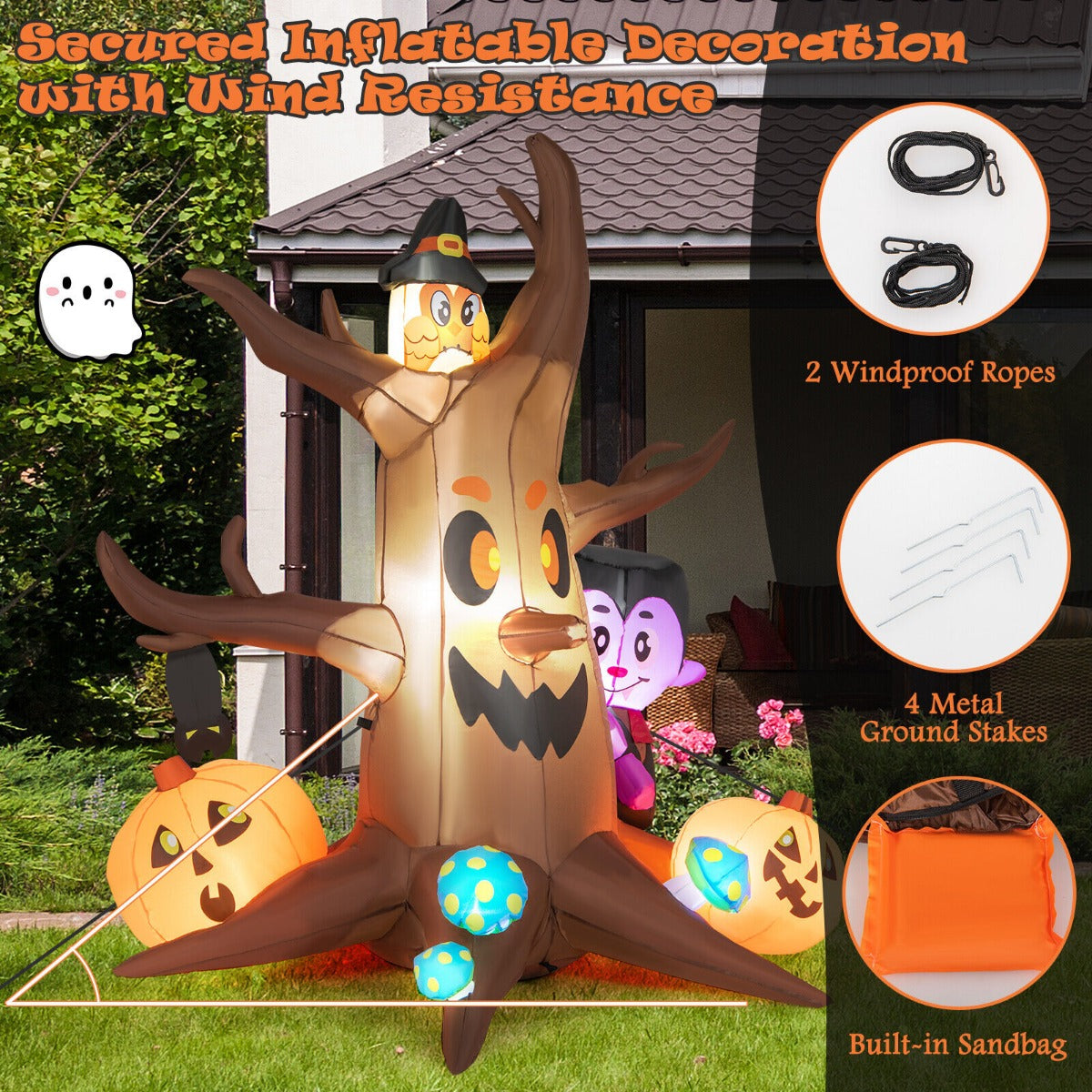 6 Feet Lighted Halloween Inflatable Ghost Tree with Pumpkins Vampire