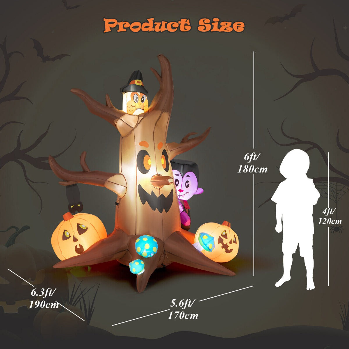 6 Feet Lighted Halloween Inflatable Ghost Tree with Pumpkins Vampire