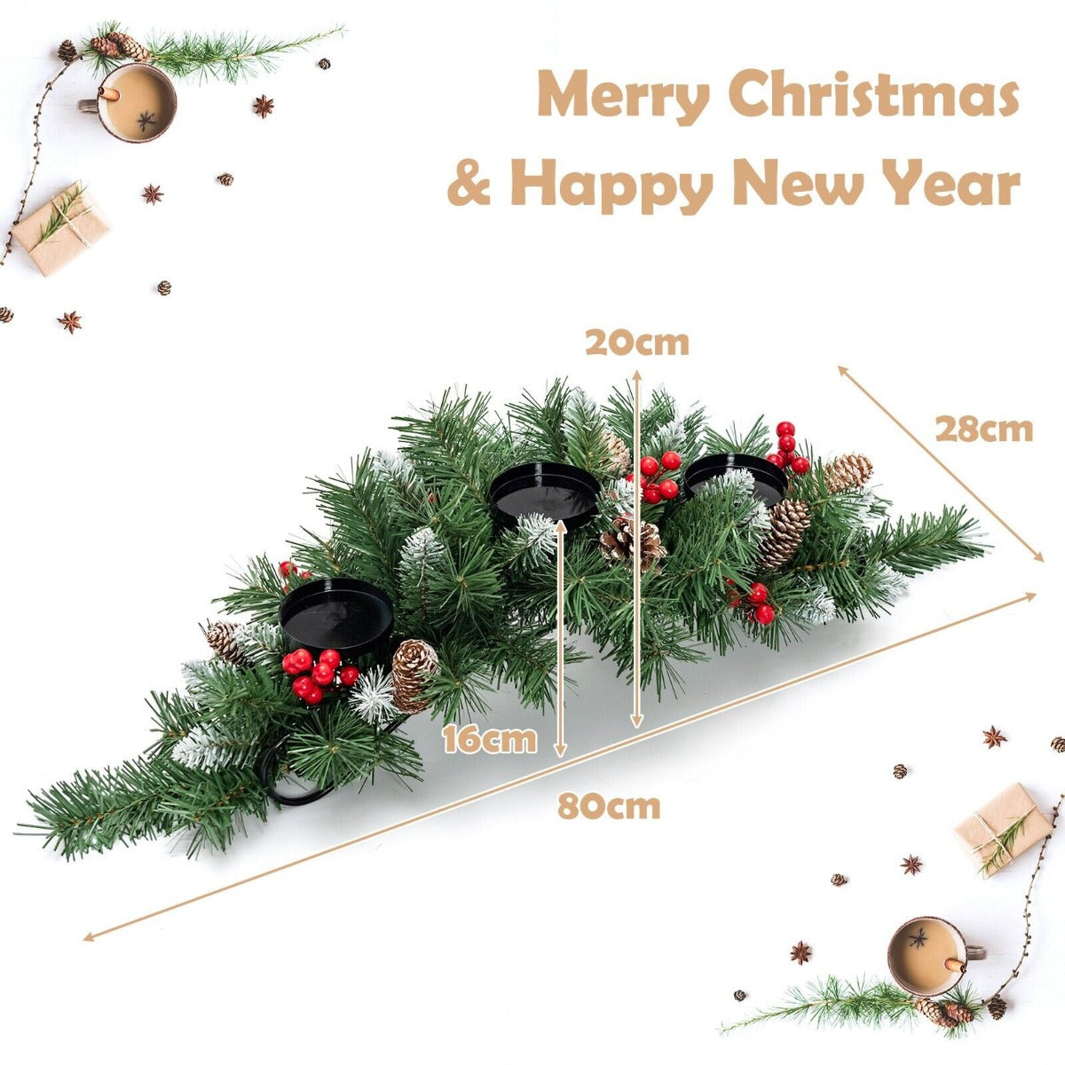 Artificial Christmas Tabletop Centerpiece with 3 Candle Holders