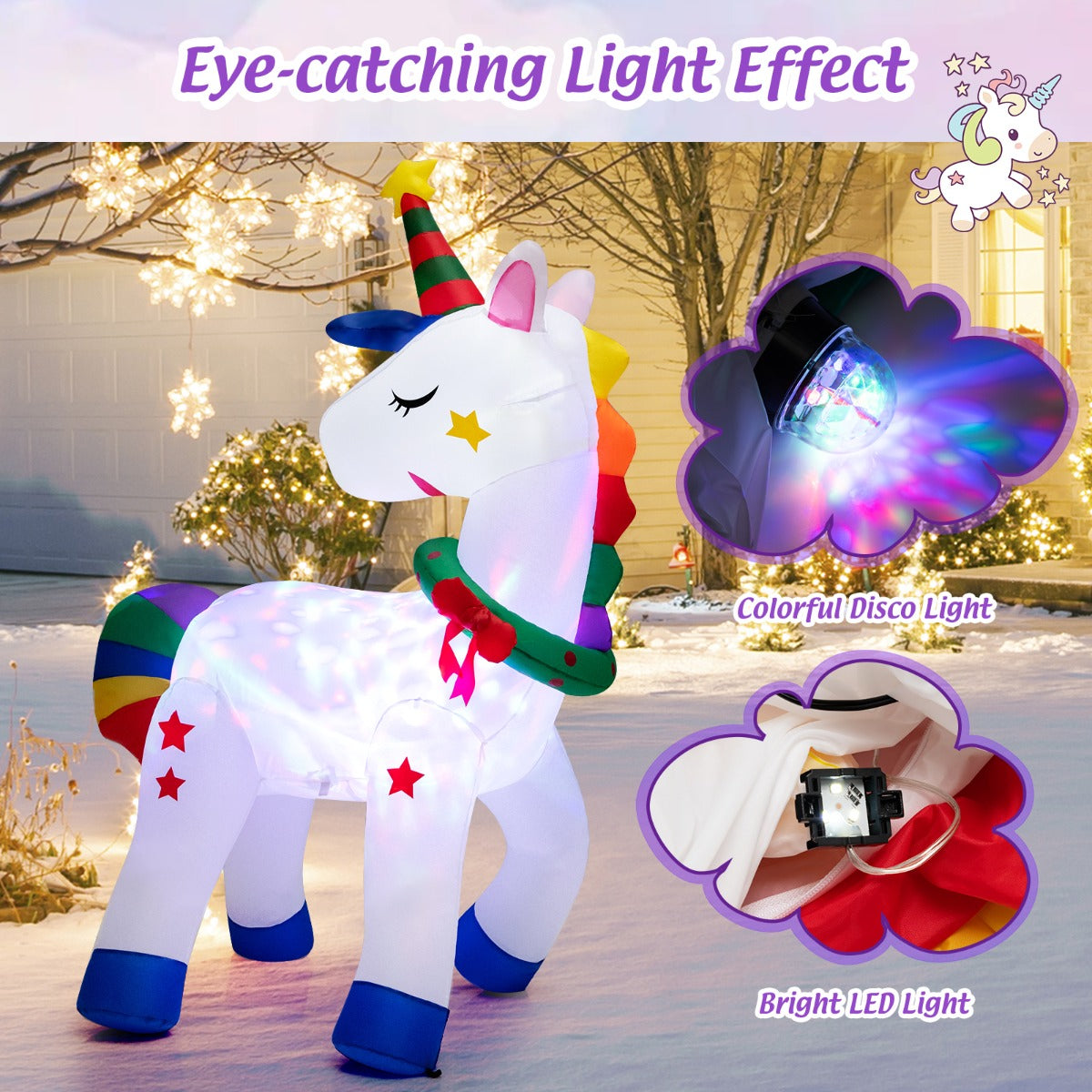 6 Feet Inflatable Christmas Magic Unicorn with Multicolor Disco Light