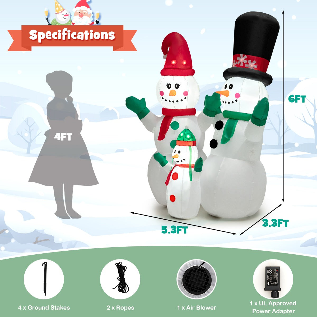 6 Feet Inflatable Snowman Family Christmas Decoration with LED Lights