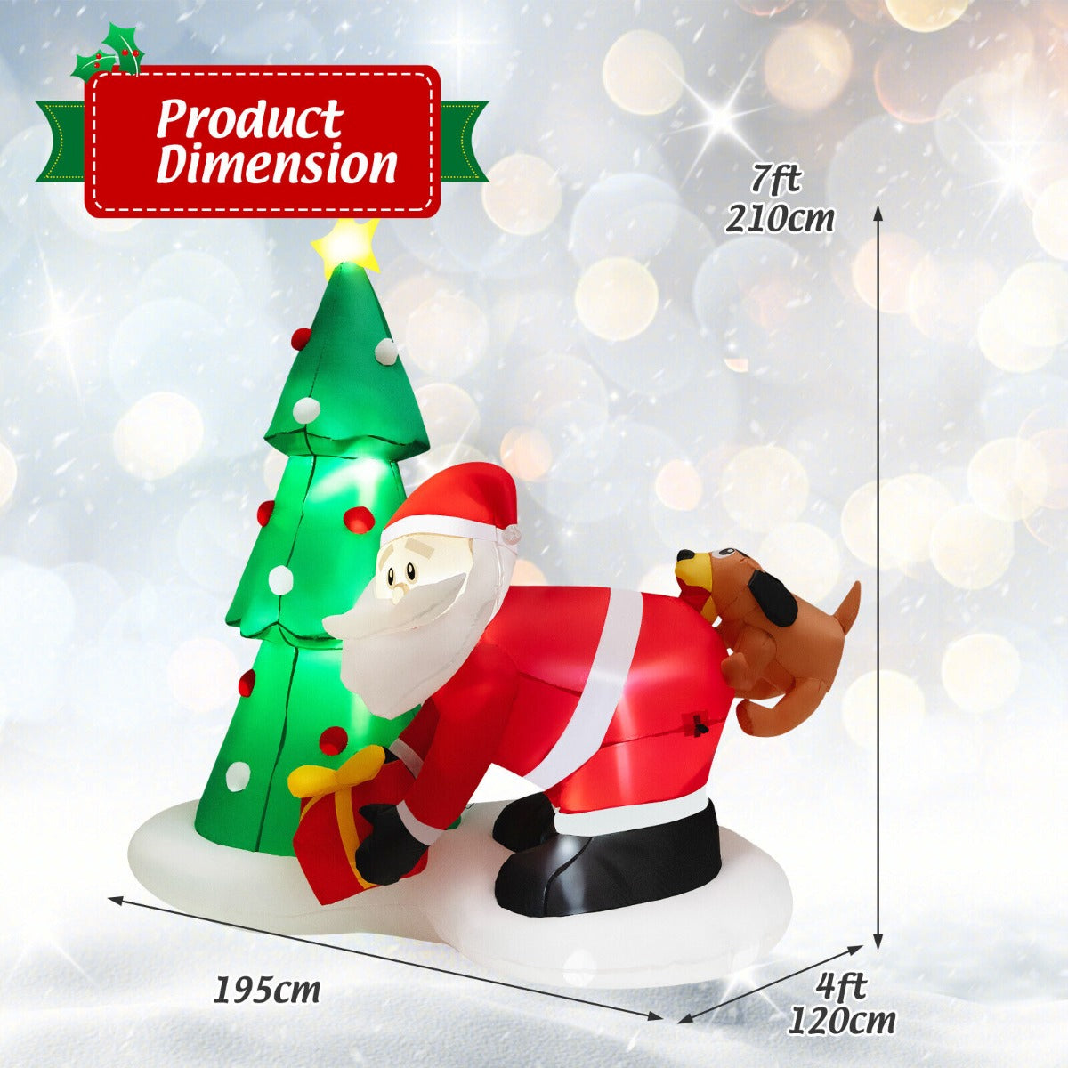 7 Feet Inflatable Christmas Tree with Santa Claus Chased by Dog and LED lights